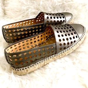 Espadrilles. Metallic pewter cut out flat espadrilles size 10